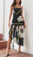 Patchwork Strapless Floral Printed Dress