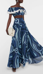 MARMO-Print Ruffle Two Piece Set In Blue