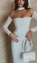Mesh Corset Midi Dress In White