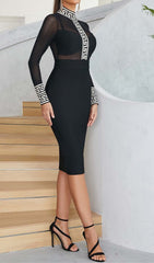 Mesh Long Sleeve Bandage Midi Dress In Black