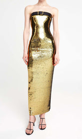 Metallic Strapless Midi Dress In Champagne