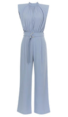 MOCK-Neck BelteD Jumpsuit In Blue