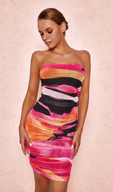 MULTICOLOURed Strapless Ruched Midi Dress