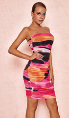 MULTICOLOURed Strapless Ruched Midi Dress