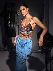 Rainbow Rhinestone Body Chain Top