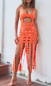 Circle Cutout Fringe Maxi Dress In Orange