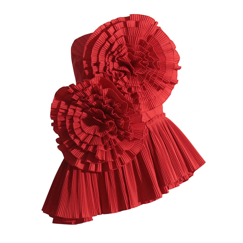 Strapless Flower Pleated Top In Red