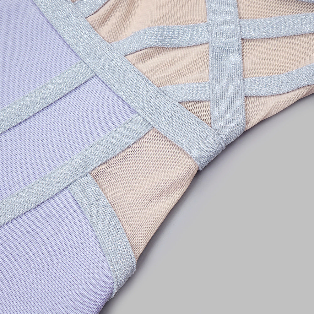 Lavender Strappy V Neck Shiny Mini Bandage Dress