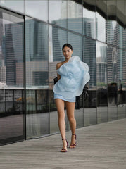 One Shoulder Flower Mini Dress In Blue