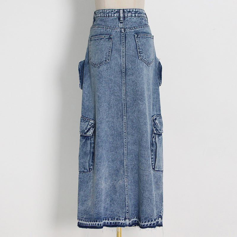 Pocket Split Denim Skirt In Blue