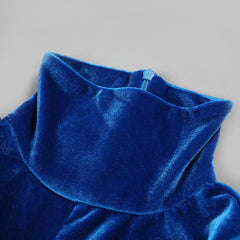 Blue Velvet Long Sleeve Cross KnotTeD Midi Dress