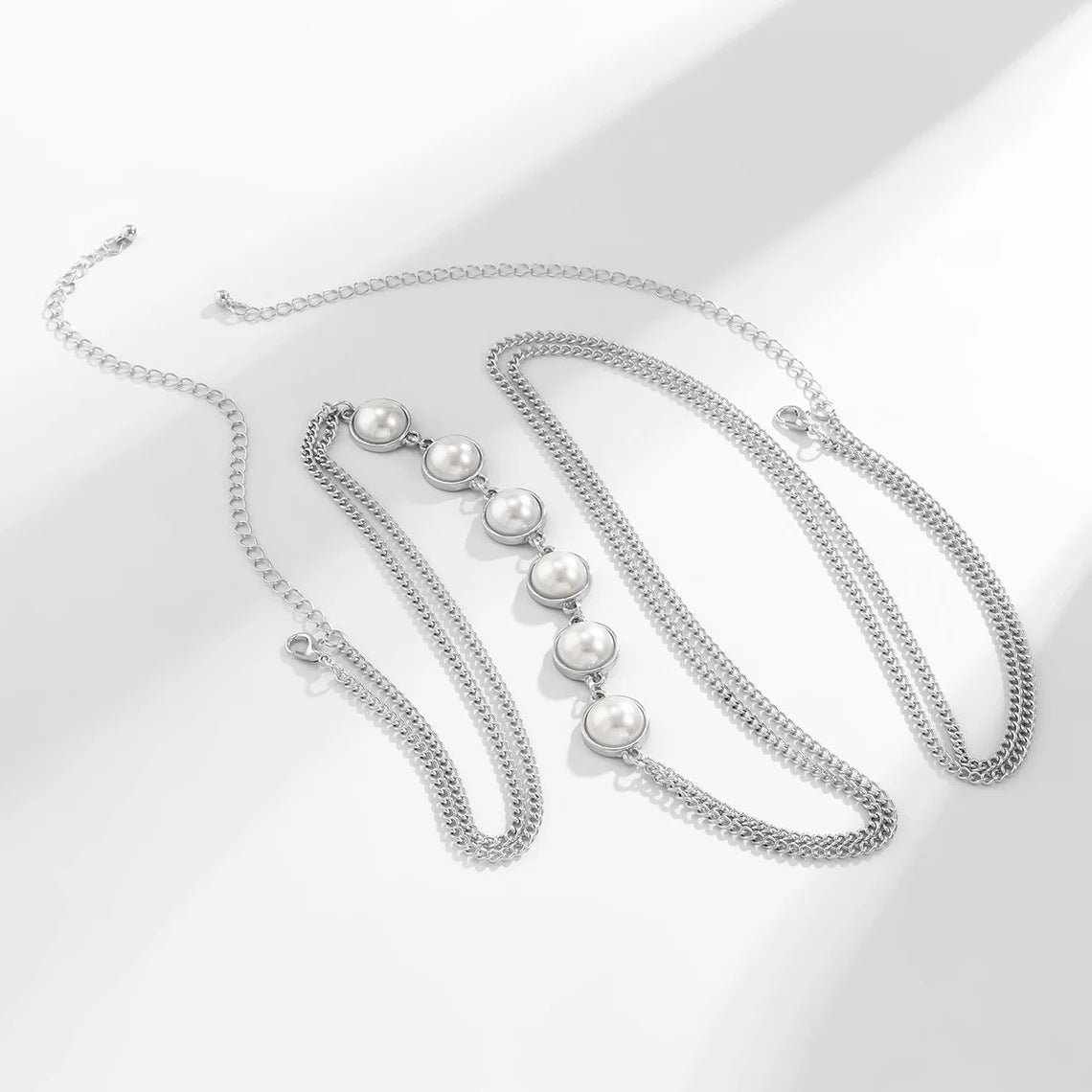 Pearl CrossOVER Chest Body Chain In Silver