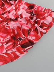 Red Diagonal Collar Floral Print Mini Dress