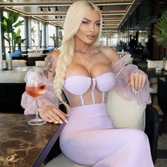 Off Shoulder Slit Midi Dress In Purple