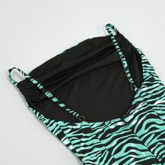 Green Strappy V Neck Zebra Print Maxi Dress