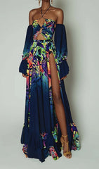 Off Shoulder FLowY Sleeves Maxi Dress In MULTI-Color