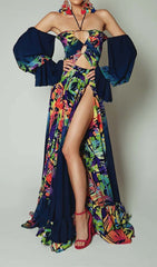 Off Shoulder FLowY Sleeves Maxi Dress In MULTI-Color