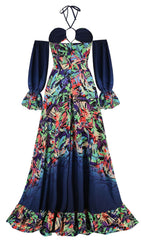 Off Shoulder FLowY Sleeves Maxi Dress In MULTI-Color