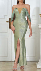 Off-Shoulder RIBBON Maxi Dress In Green