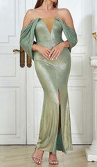 Off-Shoulder RIBBON Maxi Dress In Green