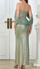 Off-Shoulder RIBBON Maxi Dress In Green