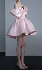 Off Shoulder Satin Mini Dress In Pink