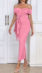 Off Shoulder Side Split Midi Dress In Pink