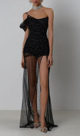 One-Shoulder Rhinestone Mesh Maxi Dress In Black