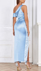 One Shoulder Ruched Slit Maxi Dress In Blue