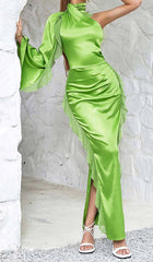 One-Shoulder Satin Ruffle Maxi Dress In NEON Green