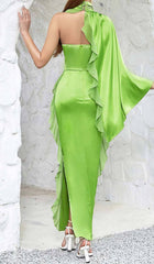 One-Shoulder Satin Ruffle Maxi Dress In NEON Green