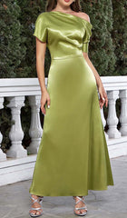 One Shoulder Satin Slit Maxi Dress In Green