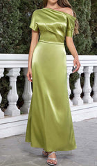 One Shoulder Satin Slit Maxi Dress In Green
