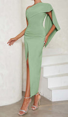 One Shoulder Slit Maxi Dress In Pale Green