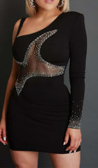 One-Sleeve Beaded Mini Dress In Black