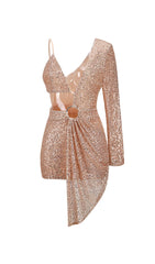 One Sleeve Sequins Mini Dress In Gold
