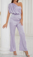 One Shoulder Satin Jumpsuit In Lavender