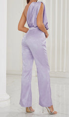 One Shoulder Satin Jumpsuit In Lavender