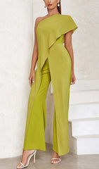 One Shoulder Tiered Jumpsuit In Olive