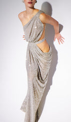 One-Shoulder Sequins Cut Out Split Maxi Dress