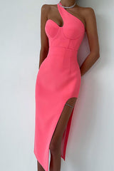 One Shoulder Crystal Midi Bandage Dress