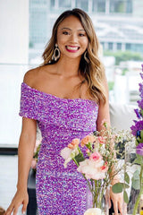 Purple One Shoulder Backless Sequin Midi Dress