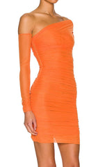 Orange One Shoulder Long Sleeve Mesh Mini Dress