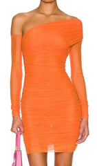Orange One Shoulder Long Sleeve Mesh Mini Dress