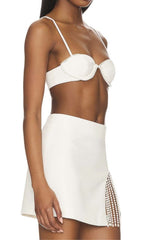 Pearl Trim Top With Tassel Mini Skirt In White