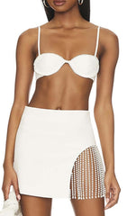 Pearl Trim Top With Tassel Mini Skirt In White