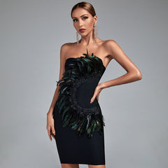 Black Strapless FeaTher Midi Bandage Dress