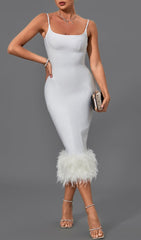 White Strappy FeaTher Midi Bandage Dress