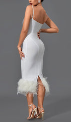 White Strappy FeaTher Midi Bandage Dress