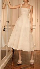 Pleated Cami Slim Midi Dress In White